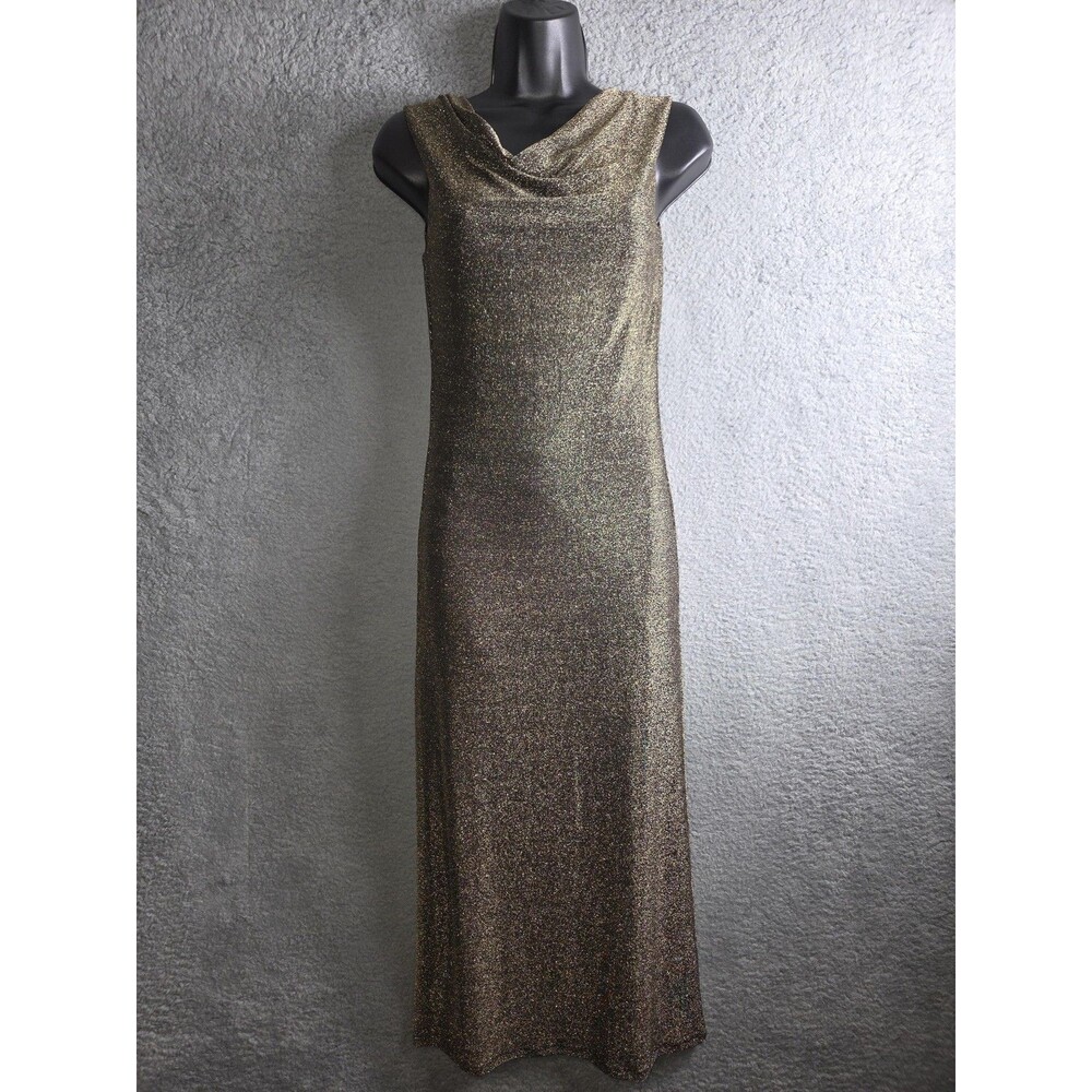 Georgie Sheath Dress S Gold Metallic Asymmetrical Cowl Neck‎ Sleeveless